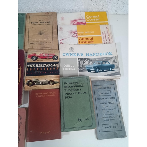 982 - A Box of Vintage Automobilia Handbooks, Service Books for Ford Consul, Bond Minicar, Bedford QL, Mor... 