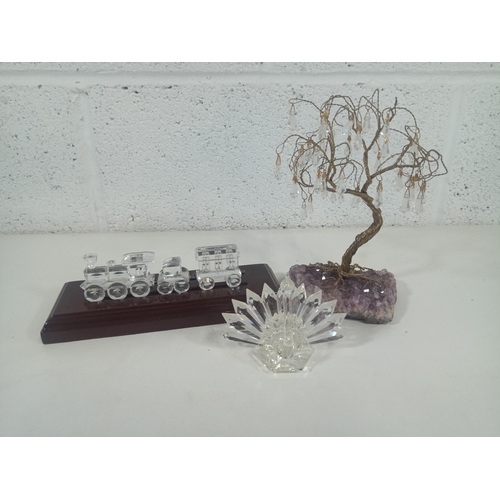 633 - A Crystal Steam Engine on Display Plinth and a Amethyst and Crystal Peacock and Tree