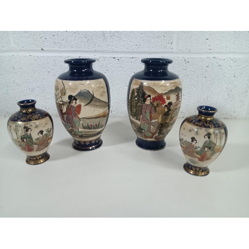 509 - 4 x Hand Painted Japanese Vases , 2 x Small and 2 x Medium Size ( 1 x Medium Vase with Crack)