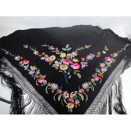 535 - A Hand Embroidered Black Shawl 110 x 110cm