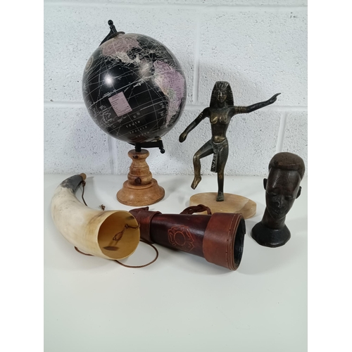 282 - A Collection of Oddments including Carved African Head, Cow and Leather Horns, Brass Cleopatra and G... 