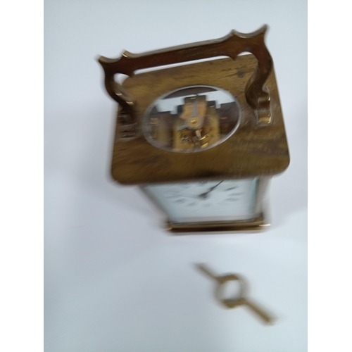 647 - A French Brass Carriage Clock (Running) - Slight Chip to Front Glass Pane - with Key