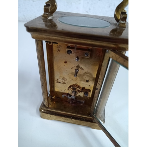 647 - A French Brass Carriage Clock (Running) - Slight Chip to Front Glass Pane - with Key