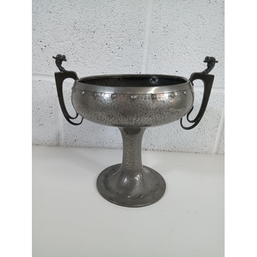 542 - Art Novo W & Co English Pewter Beaten Homeland Twin Handled Pedestal Comport