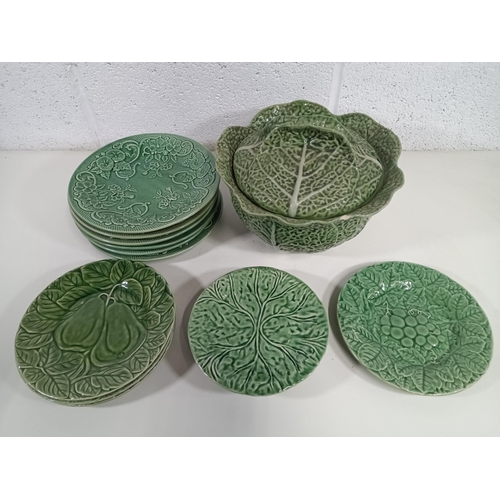 657 - An Assortment of Portuguese Majolica Cabbage Ware and Other Plates ( chipped to lid of soup tureen)