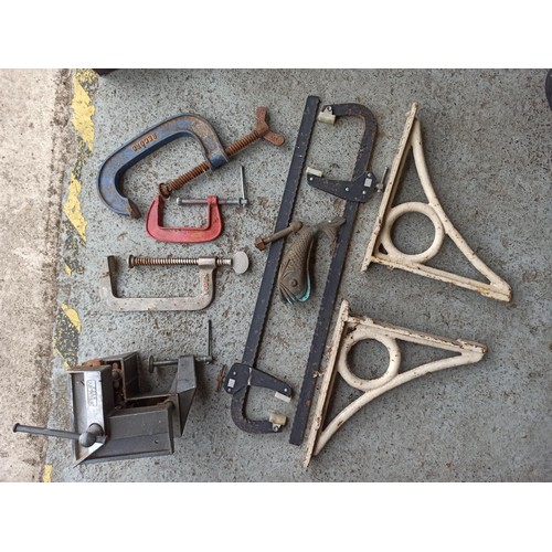 91 - Record G Clamp and 2 x Others, Stanley Vice Clamp, 2 x Sash Clamps, Brass Fish Door Knocker and 2 x ... 