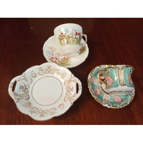 641 - Coalport Bon Bon Dish - Duchess Hunting Scene Cup and Saucer plus a Chinese Style Cup and Saucer