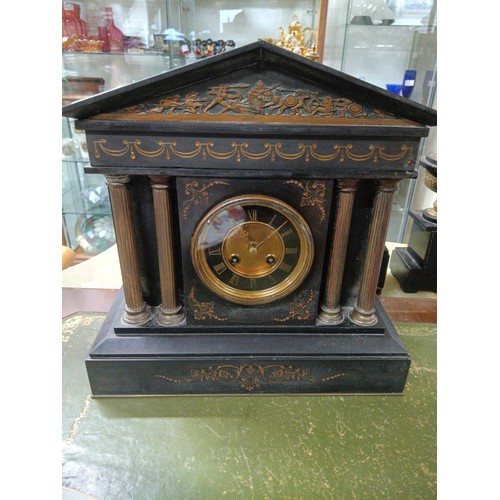 543 - A Large Victorian Black Slate and Gilt Metal Mantle Clock , Architectural Case with Corinthiun Colum... 