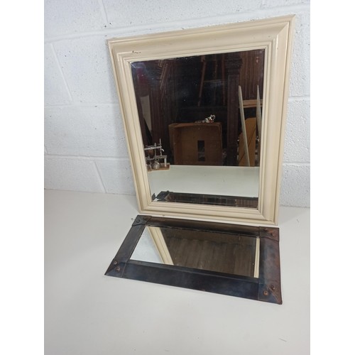 99B - Framed White Painted Bevelled Mirror 64cm x 53cm and a Rustic Metal Framed Mirror 54cm x 28cm