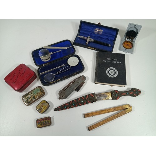 564d - An Assortment of Oddments inc. Airbrush, World War 1 Pocket Knife, Old Tins, Compass etc.