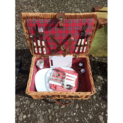 299 - Wicker and Leather Picnic Hamper with 4 x Plates, Chopping Board, Salt and Pepper Pots, Cutlery and ... 