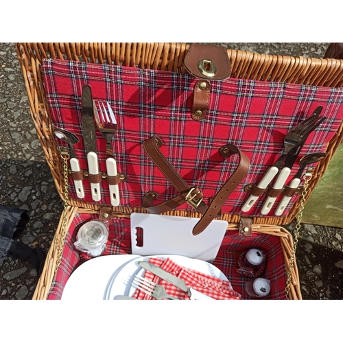 299 - Wicker and Leather Picnic Hamper with 4 x Plates, Chopping Board, Salt and Pepper Pots, Cutlery and ... 