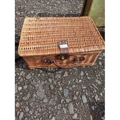 299 - Wicker and Leather Picnic Hamper with 4 x Plates, Chopping Board, Salt and Pepper Pots, Cutlery and ... 