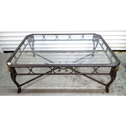 388 - Metal Framed Glass Topped  Coffee Table with Lion Head Details to Corners 43cm H x 112cm W x 81cm D