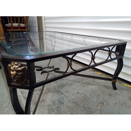 388 - Metal Framed Glass Topped  Coffee Table with Lion Head Details to Corners 43cm H x 112cm W x 81cm D