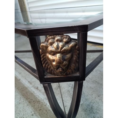 388 - Metal Framed Glass Topped  Coffee Table with Lion Head Details to Corners 43cm H x 112cm W x 81cm D