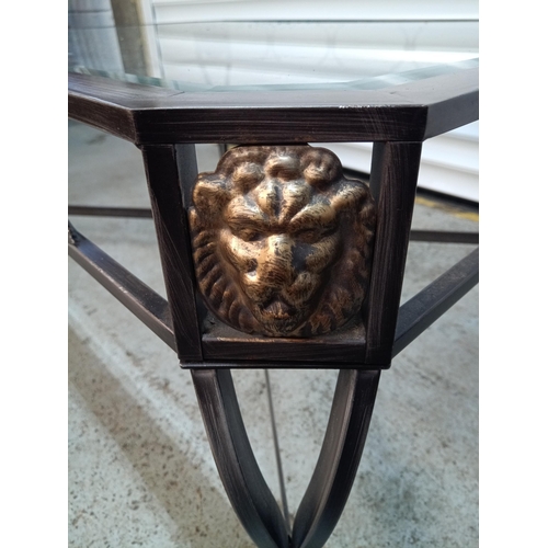 388 - Metal Framed Glass Topped  Coffee Table with Lion Head Details to Corners 43cm H x 112cm W x 81cm D