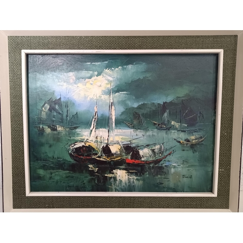 522 - An Original Oil on Canvas of Chinese Junks and Fishing Boats 74cm x 60cm