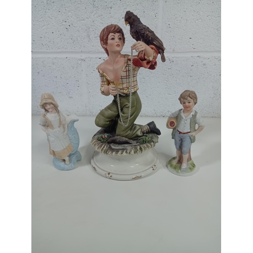 616 - Capodimonte Boy with Falcon and 2 x Smaller Figurines