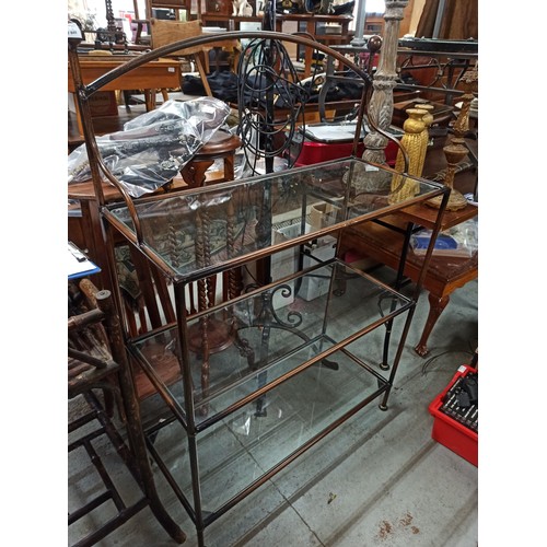 849 - Wrought Iron Shelving Unit - 3 Shelves all Glass 125cm H x 85cm W x 38cm D