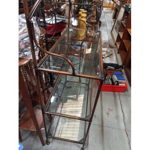 849 - Wrought Iron Shelving Unit - 3 Shelves all Glass 125cm H x 85cm W x 38cm D