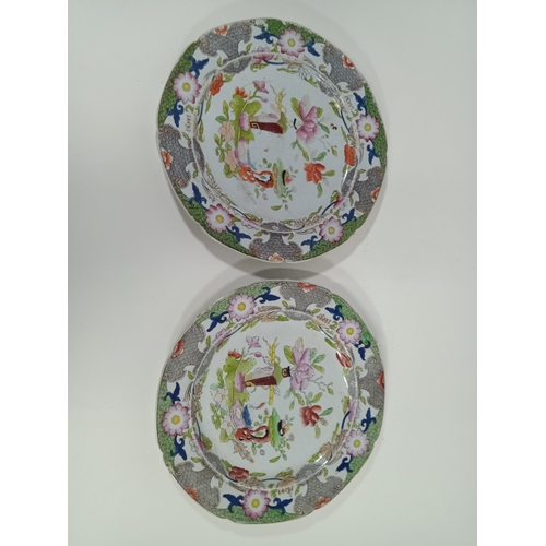 944 - A Pair of Circa 1820's Hand Painted Masons Moonstone China Plates with Crown and Banner Back Stamp (... 