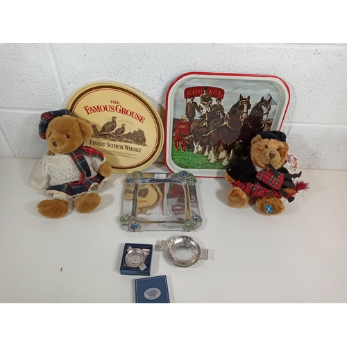 262 - **Royal British Legion Lot** A vintage Courage Beer Tray, Grouse Whiskey Tray, 2 x Quaich, Tartan Te... 