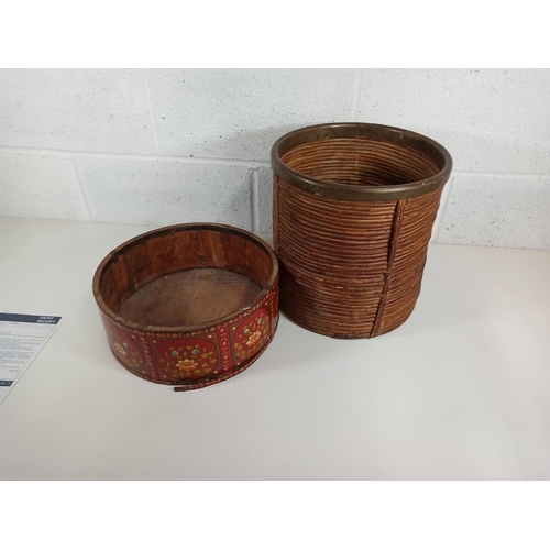 684 - Ratten Basket with metal banded top and a wooden painted decorative bowl (Bowl requires repair)