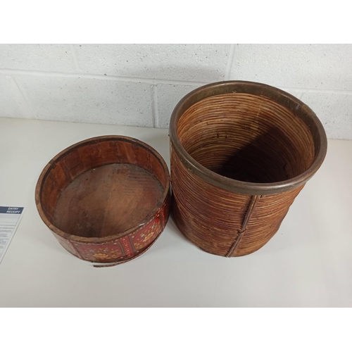 684 - Ratten Basket with metal banded top and a wooden painted decorative bowl (Bowl requires repair)