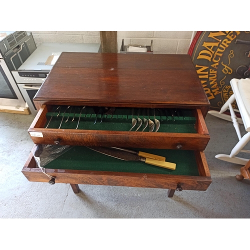 758 - A Vintage high legged side table with cutlery draw and contents - 76 x 62 x 39cm (one handle broken)