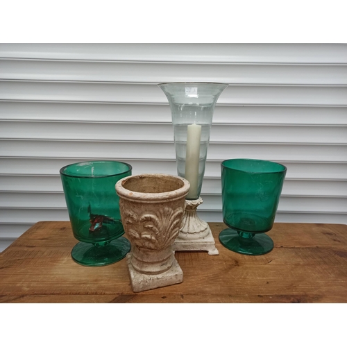 840 - A Concrete garden planter, concrete and glass candle stand and glass candlestands