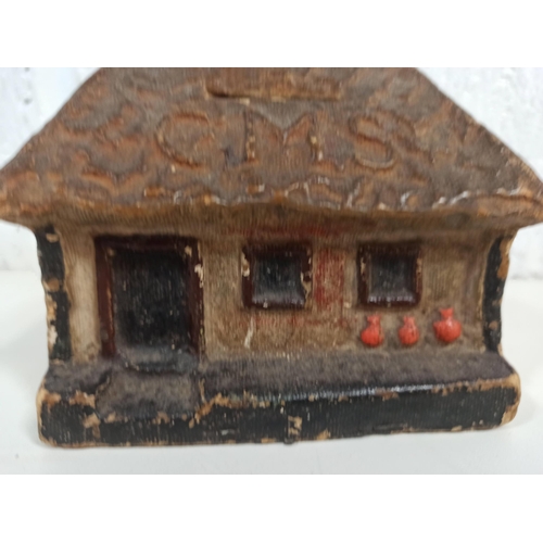 646 - Christian Missionary Papier Mache Indian Huts Collection Box