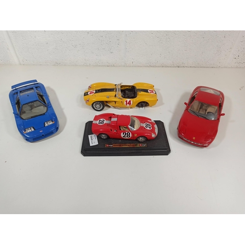 1019 - 4 x Die Cast Model Cars inc Ferrari, Buggati (1 car missing 2 wheels)