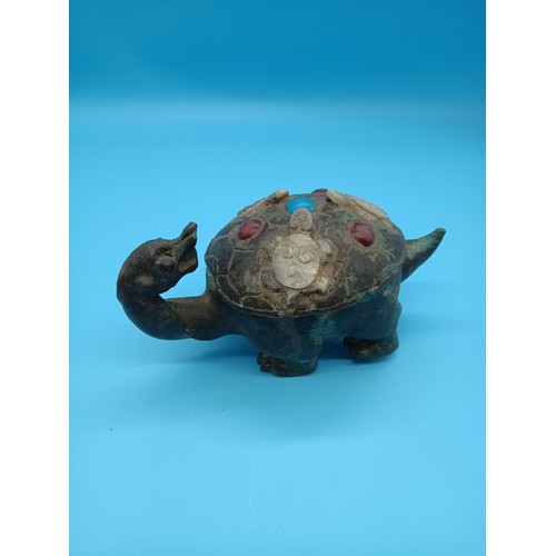 451 - A Chinese Bronze Turtle inlaid with Ruby and carved mother of pearl - Damage to hind leg. Believed t... 