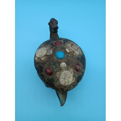 451 - A Chinese Bronze Turtle inlaid with Ruby and carved mother of pearl - Damage to hind leg. Believed t... 