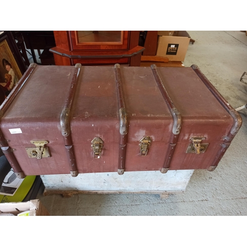 683 - A Durban Leather Co Wood and brass bound trunk