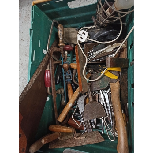 54 - A Crate of mixed tools Bosch sander, vintage Planes and saws etc