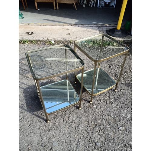 755 - 2 x Brass Framed Mirror and Glass Shelved Lamp/ Sofa Tables