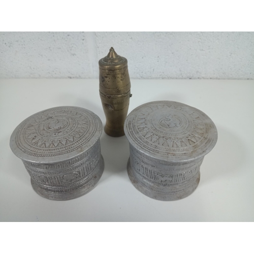 809 - A Cambodian Khmer Bronze Lime Container and 2 x White Metal Pots