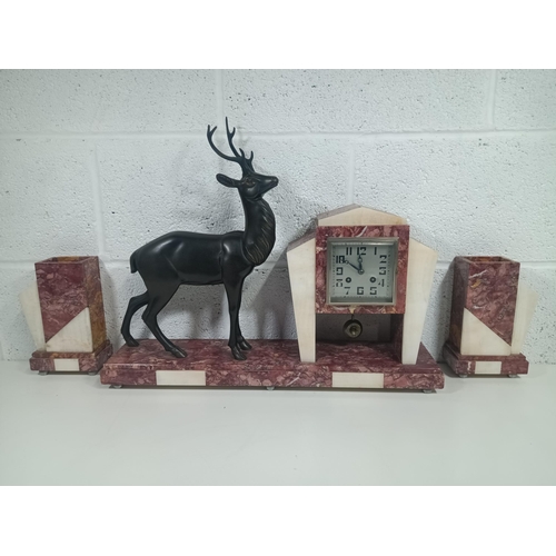 530B - A 1930's Art Deco Marble and Bronze Mantle Clock with Statue of a Stag and Garnitures ( slight chip ... 