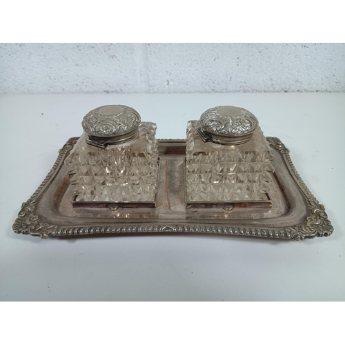 529 - A Crystal and Plateware Inkwell Set