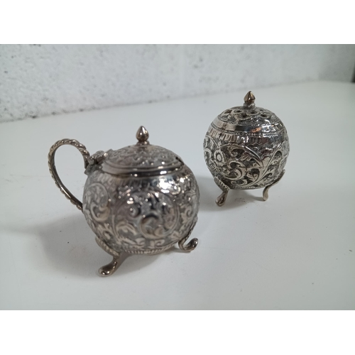 480 - Victorian Sterling Silver Repousse India Salt & Pepper Pots ( 1 foot missing)