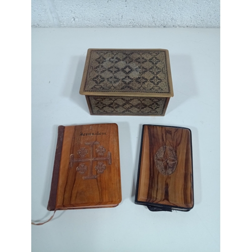 672 - A Brass Cigarette Box and Jerusalem Olive Wood Prayer Book and Bible