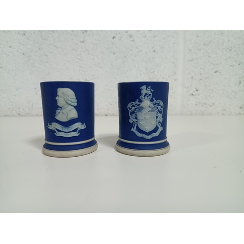 661 - Commemorative 1906 Wedgewood Museum Opening Pair of Navy Jasperware Match Spills/ Tooth Pick Pots