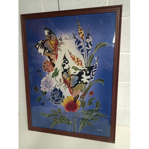 608 - A Large Framed Batique of Butterflies and Flowers  94 x 72cm