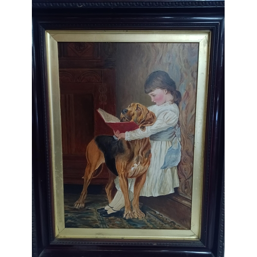 612 - An Oil on Board of a Young Girl and a Bloodhound Signed R.Rigby 62 x 80cm in Frame