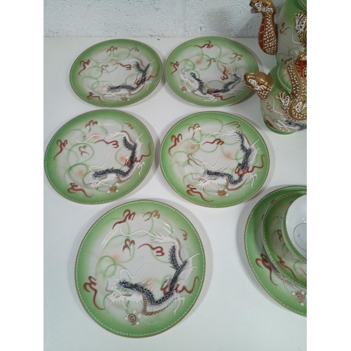 454 - A Vintage Japanese Moriage Green Dragon Tea Service (no visible chips or cracks)