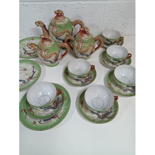 454 - A Vintage Japanese Moriage Green Dragon Tea Service (no visible chips or cracks)