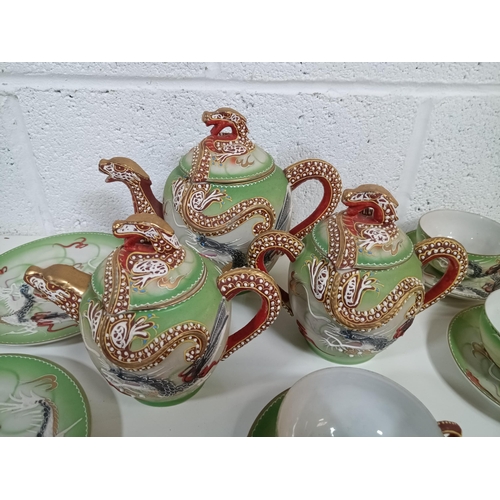 454 - A Vintage Japanese Moriage Green Dragon Tea Service (no visible chips or cracks)