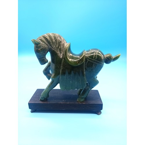 453 - Carved Jade Tang Horse on Wooden Plinth, signed Wang no17 to Base ( Hind legs repaired) dimensions 1... 